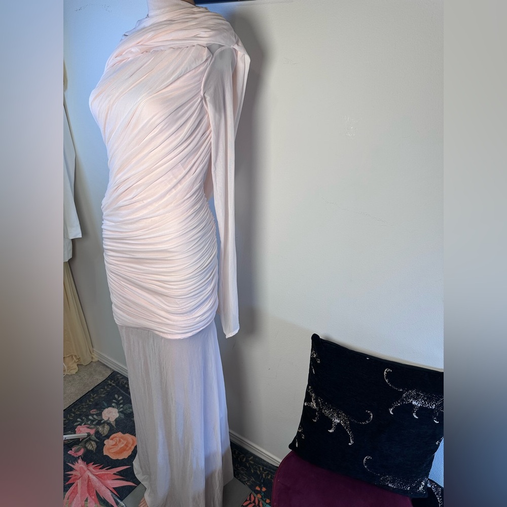 Deme by Gabriella Isla Dress in Baby Pink draped long sleeve sheer gown maxi - Picture 7 of 9